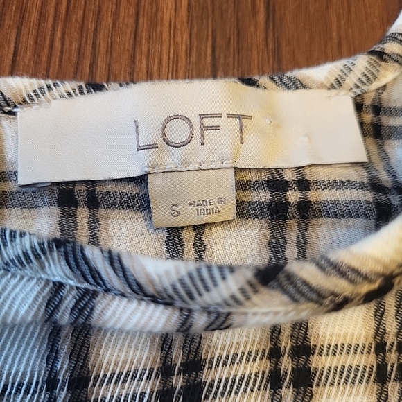 LOFT Women's Small Black Tan Plaid Ruffled Shoulder 100% Cotton Casual Top Shirt - Picture 3 of 12